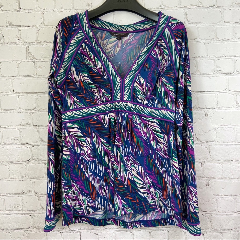 4/$25 BCBG peacock feather design long sleeve blouse